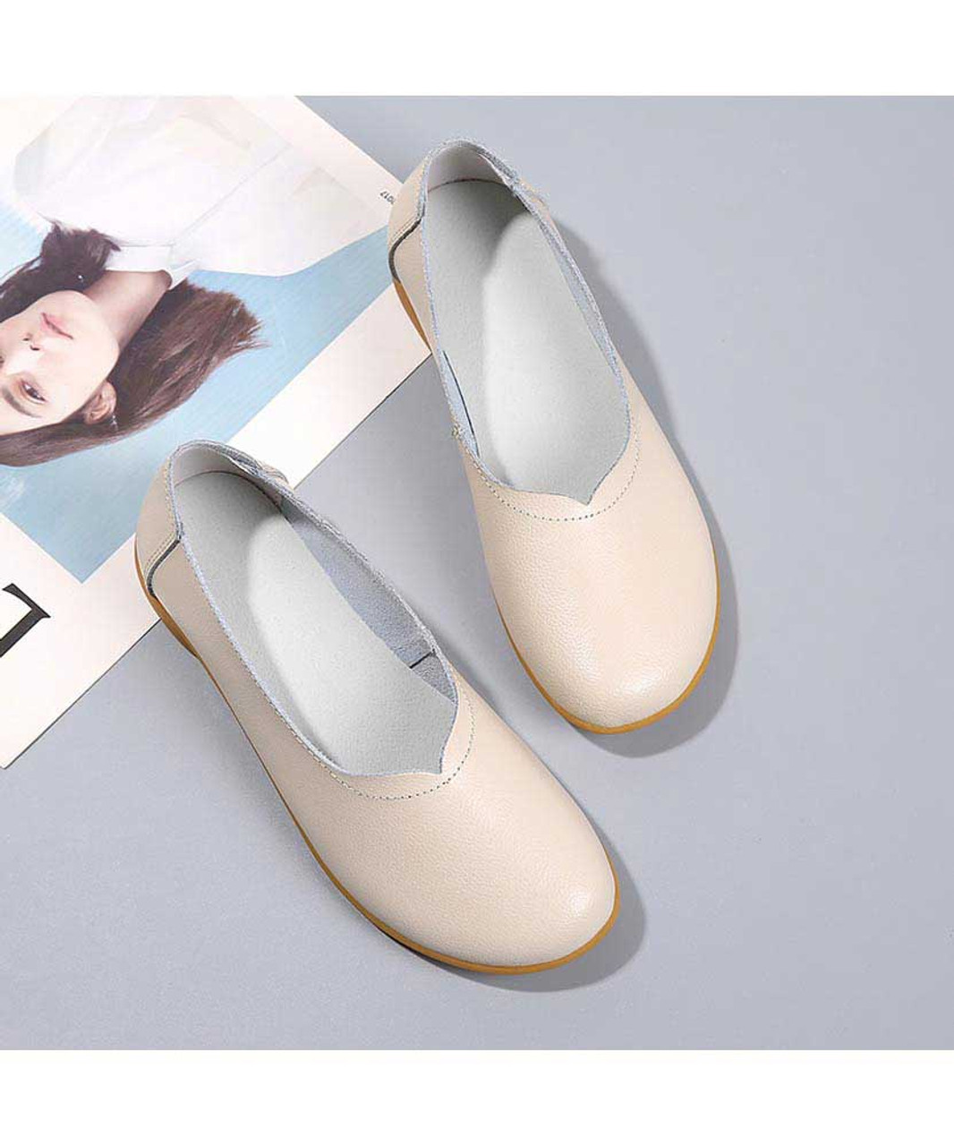 Beige plain low cut slip on shoe loafer Womens slip on shoes loafers
