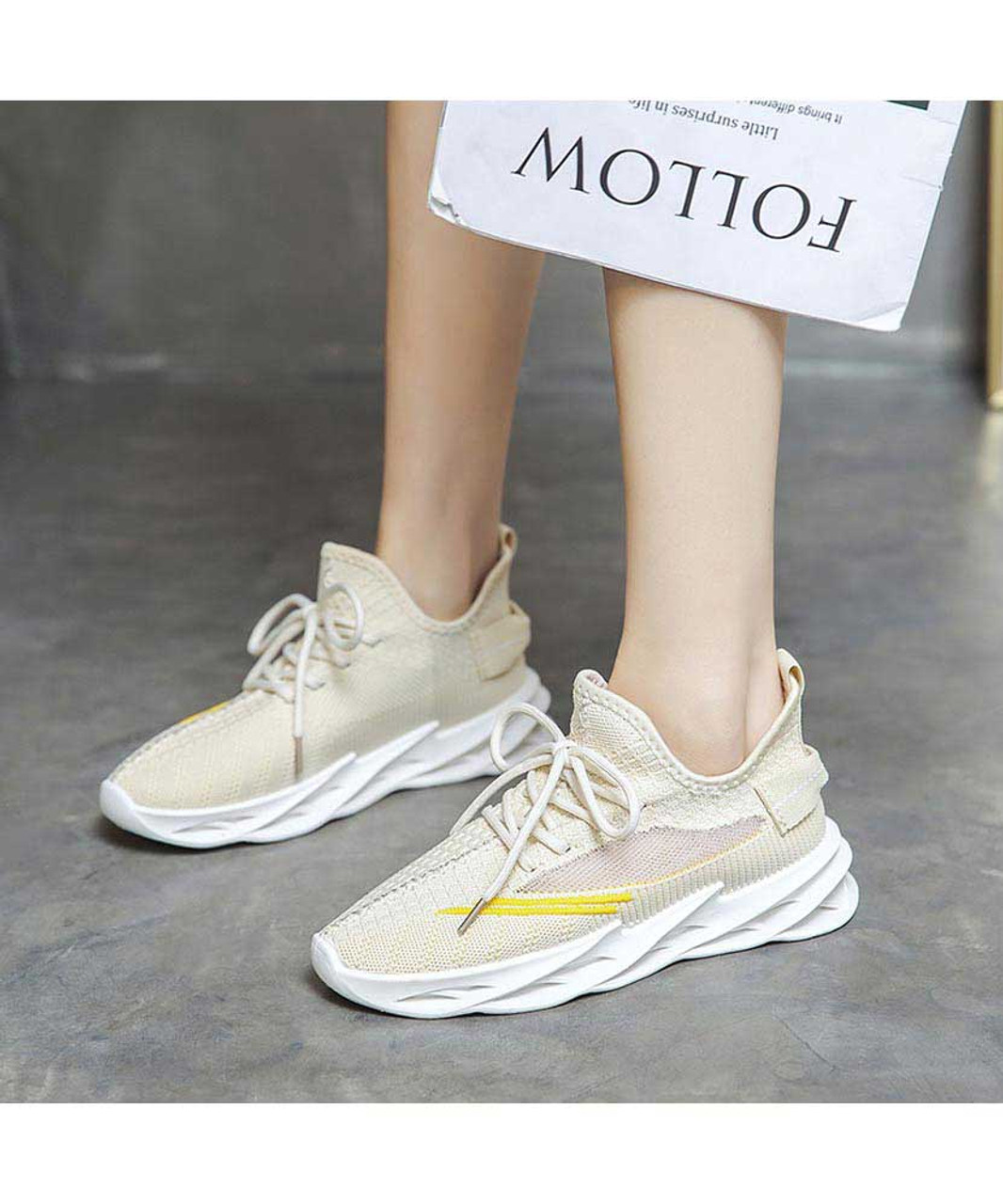 Yellow stripe texture casual flyknit shoe sneaker | Womens sneakers ...