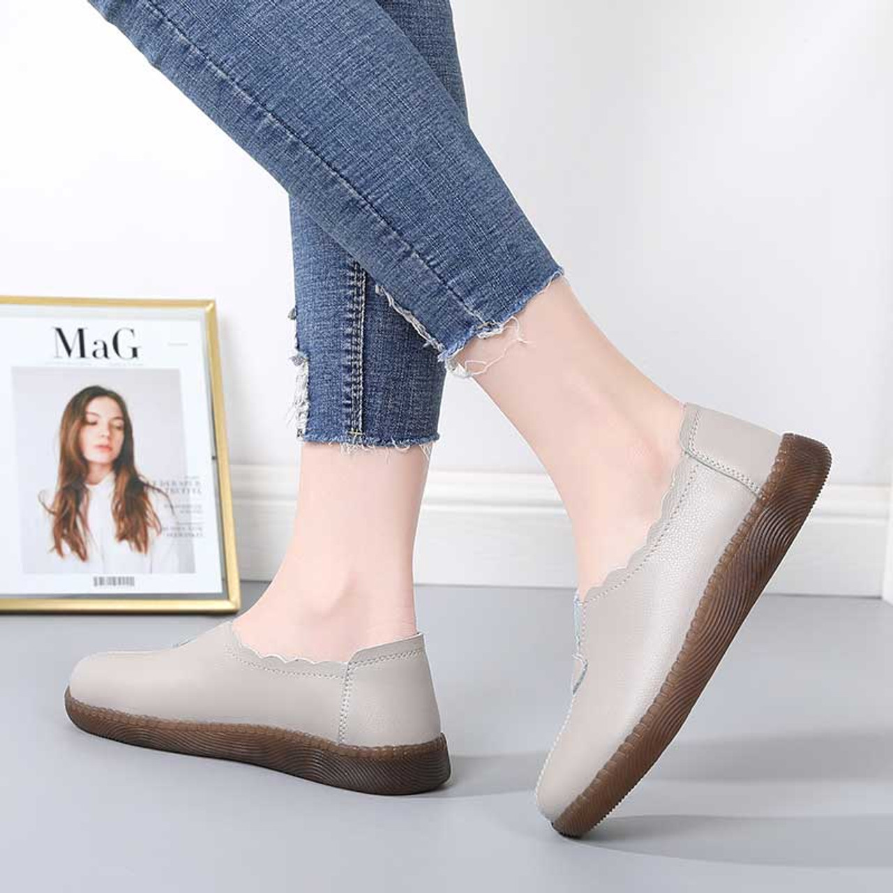 Grey sewed thread laciness slip on shoe loafer | Womens shoe loafers ...