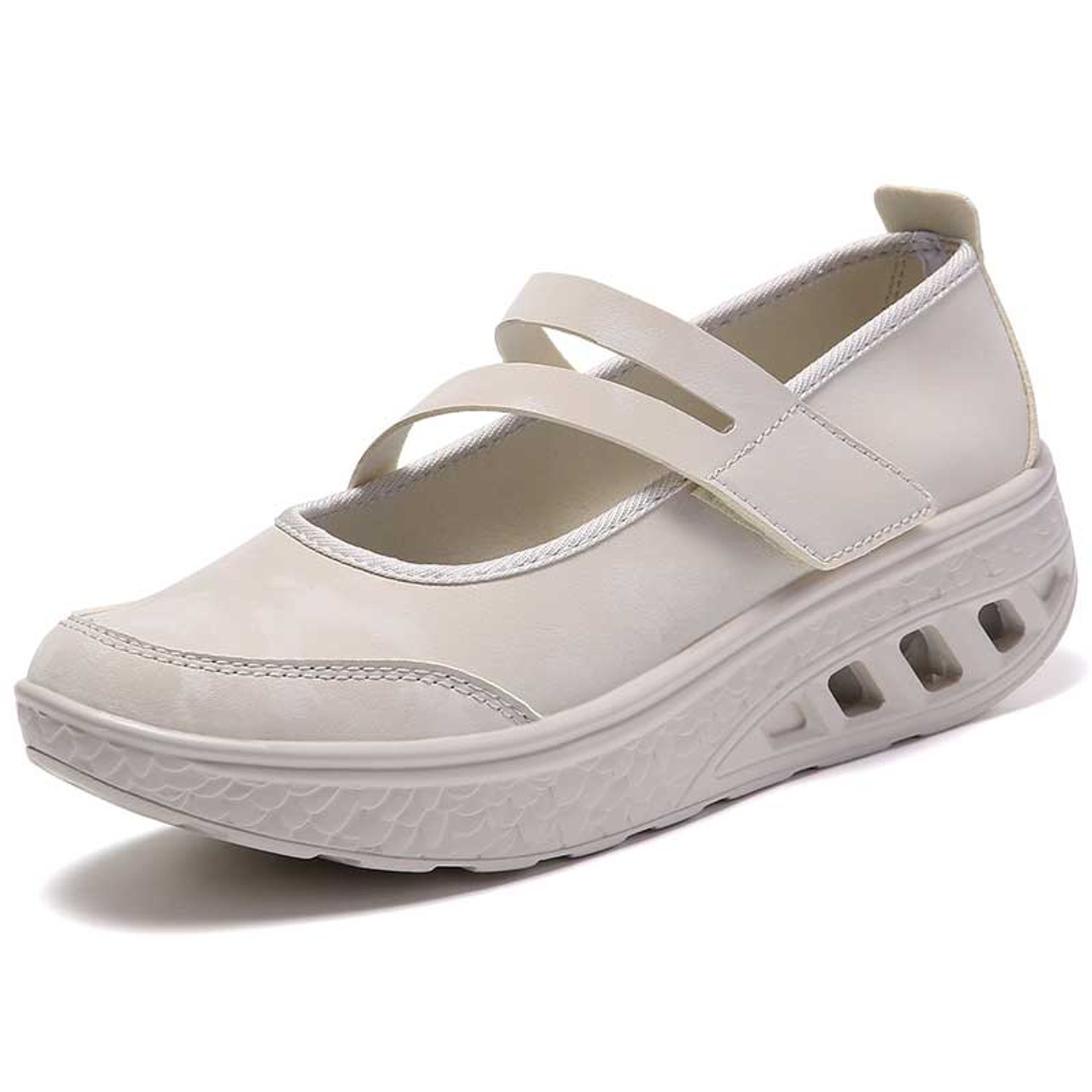 White velcro strap low cut slip on rocker bottom sneaker