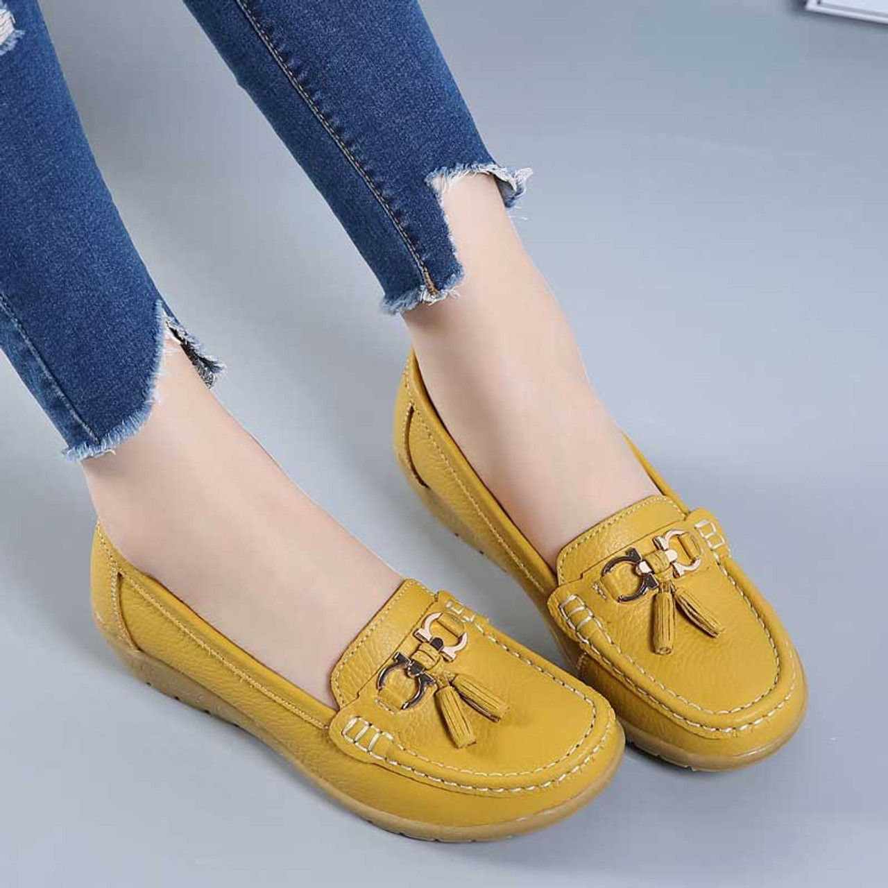 Yellow tassel buckle on vamp slip on shoe loafer | Womens shoe loafers ...