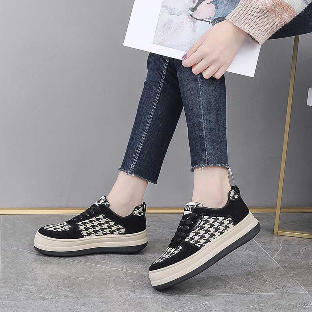 Black chidori pattern lace up shoe sneaker | Womens sneakers shoes ...