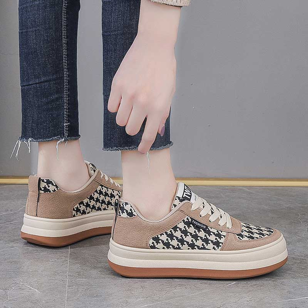 Brown chidori pattern lace up shoe sneaker | Womens sneakers shoes ...