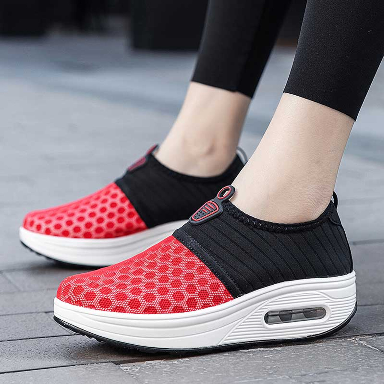 Red black dot mesh slip on rocker bottom sneaker | Womens rocker shoes ...