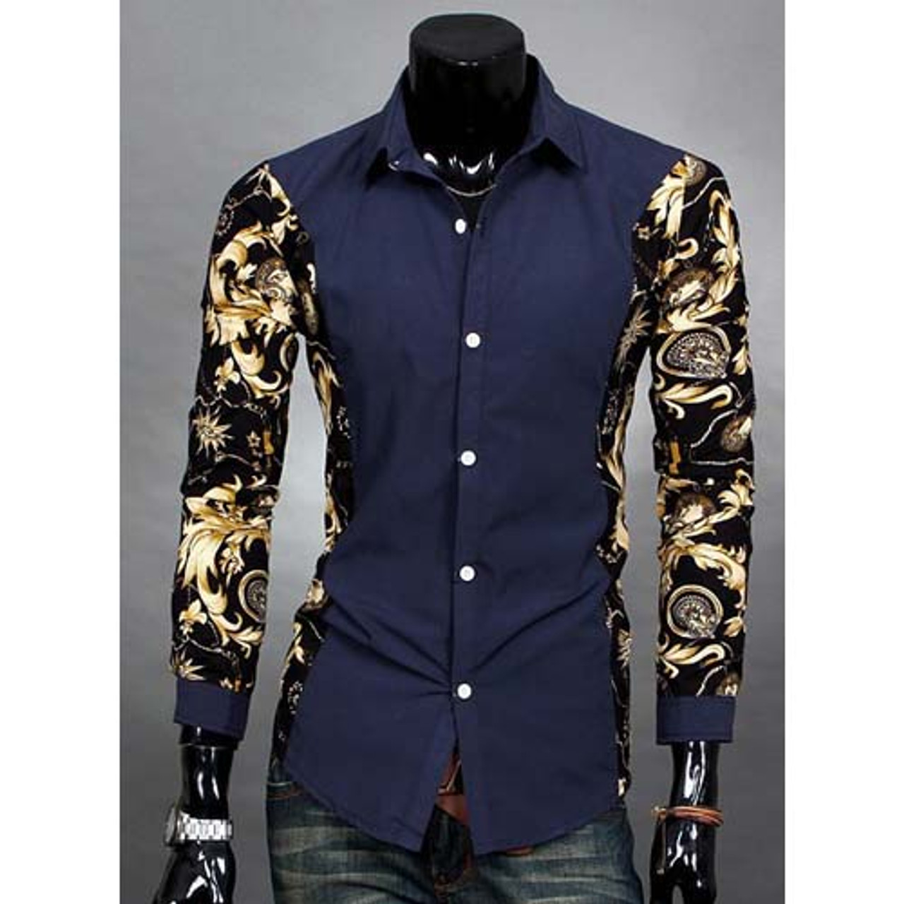 Blue long sleeve floral pattern print cotton dress shirt | Mens shirts ...