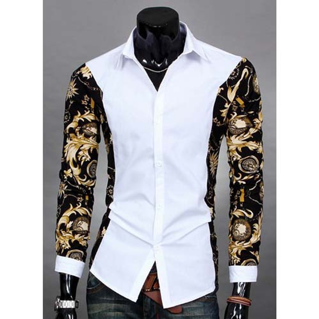 White Long Sleeve Floral Pattern Print Cotton Dress Shirt Mens