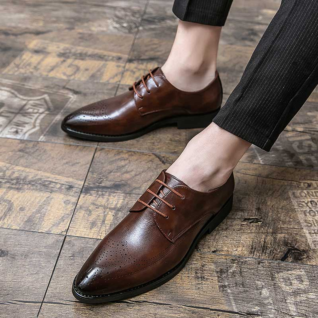Brown retro brogue point toe derby dress shoe | Mens dress shoes online ...