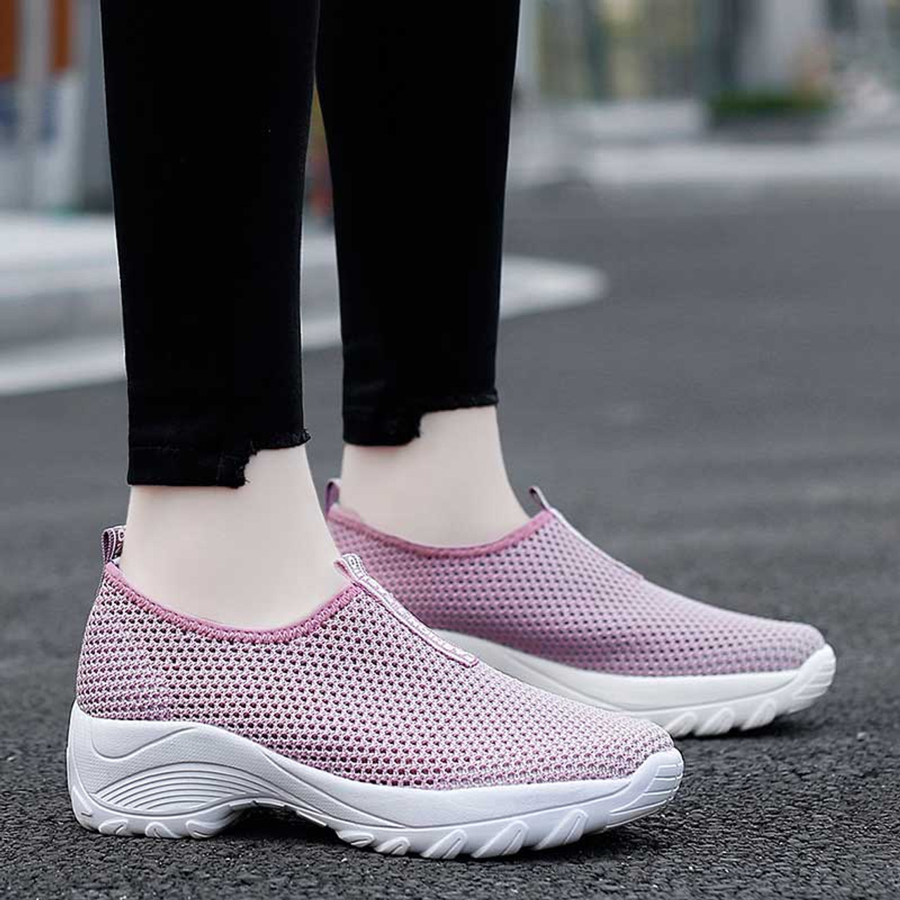 Pink plain hollow out slip on double rocker bottom sneaker | Womens ...