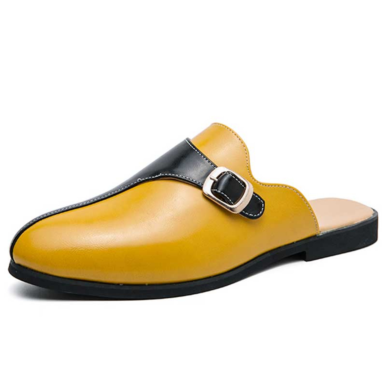 Yellow black buckle two tone slip on shoe mule