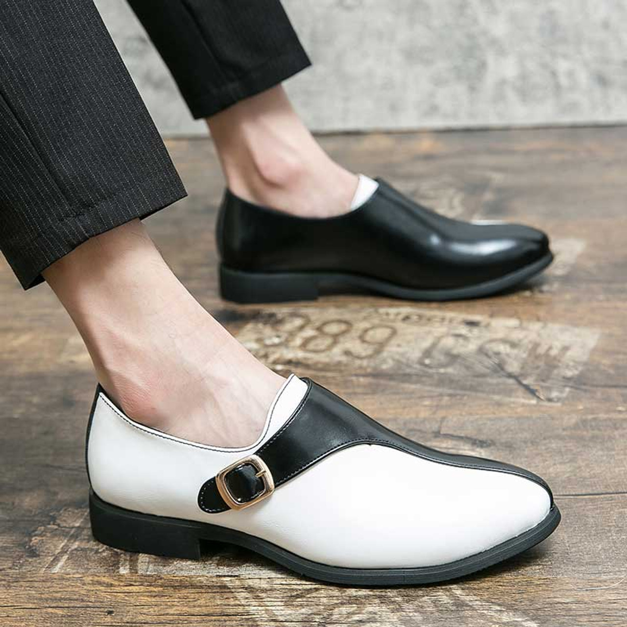 White black two tone buckle strap slip on dress shoe | Mens dress shoes ...