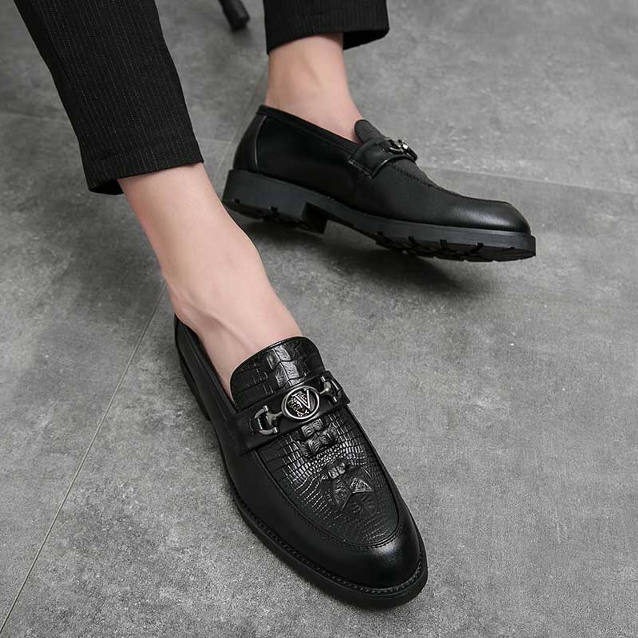 Black metal buckle croc pattern penny slip on dress shoe | Mens formal ...