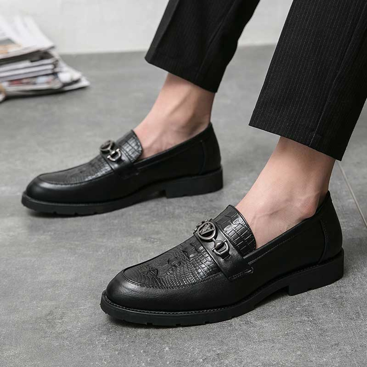 Black metal buckle croc pattern penny slip on dress shoe | Mens formal ...