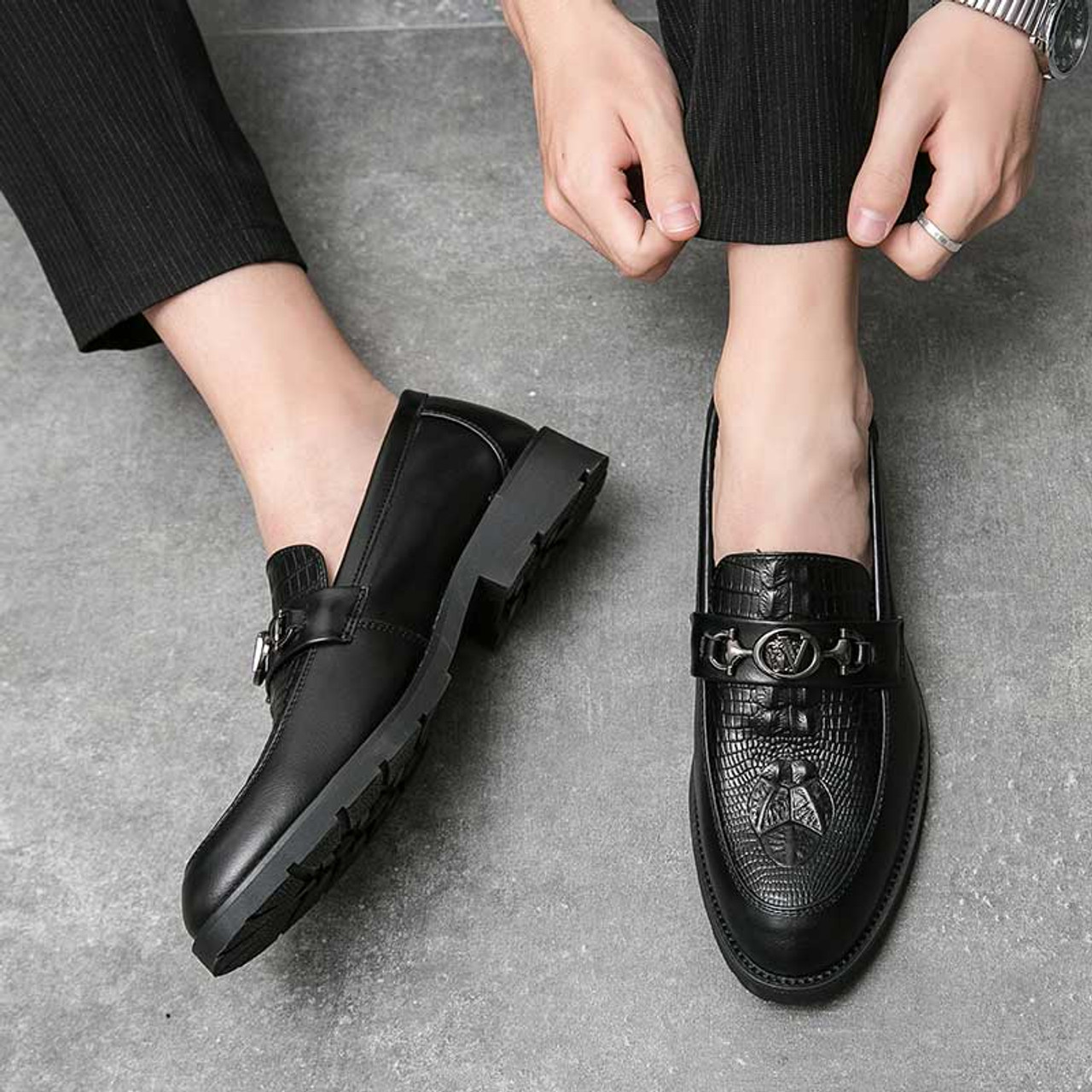 Black metal buckle croc pattern penny slip on dress shoe | Mens formal ...