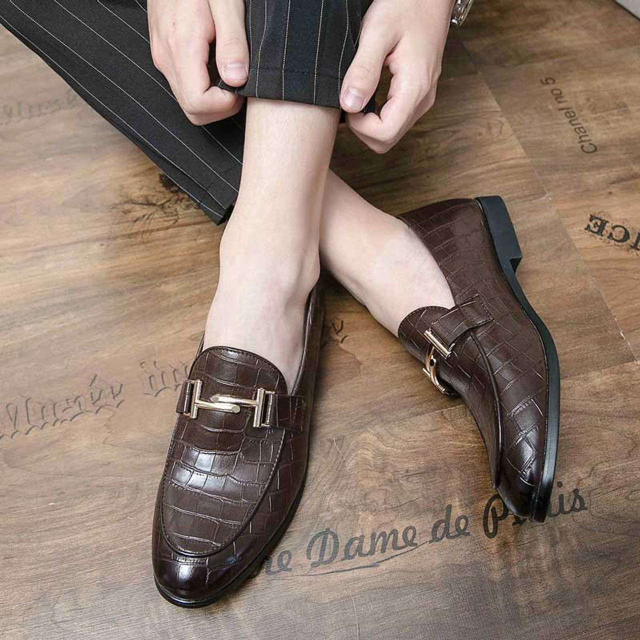 Brown metal buckle croc skin pattern slip on dress shoe | Mens formal ...