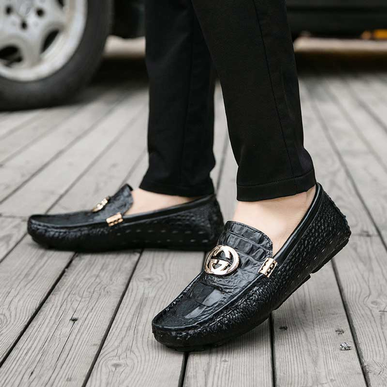 Black Metal Buckle Croc Skin Pattern Slip on Shoe Loafer