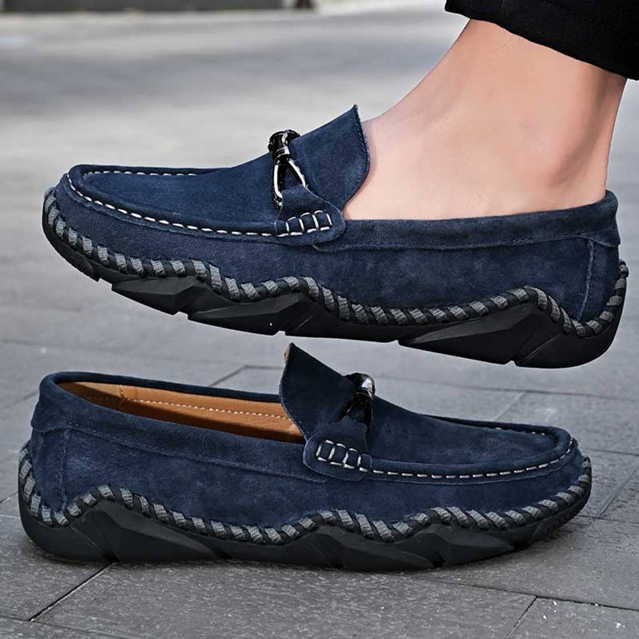 Blue sewing accents metal buckle slip on shoe loafer | Mens shoe ...