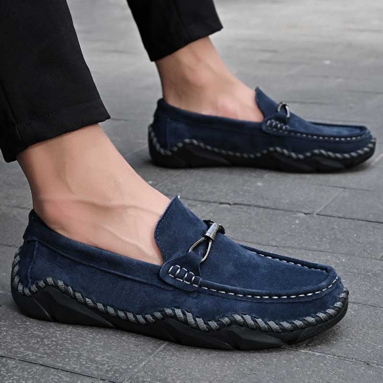 Blue sewing accents metal buckle slip on shoe loafer | Mens shoe ...