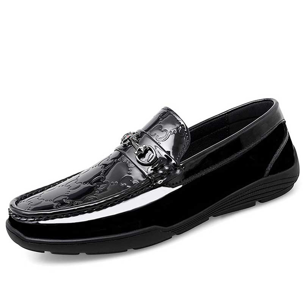 Black pattern metal buckle penny slip on shoe loafer | Mens shoe