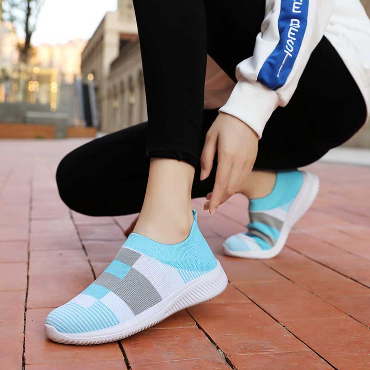 Blue flyknit stripe multi color slip on shoe sneaker Womens sneakers