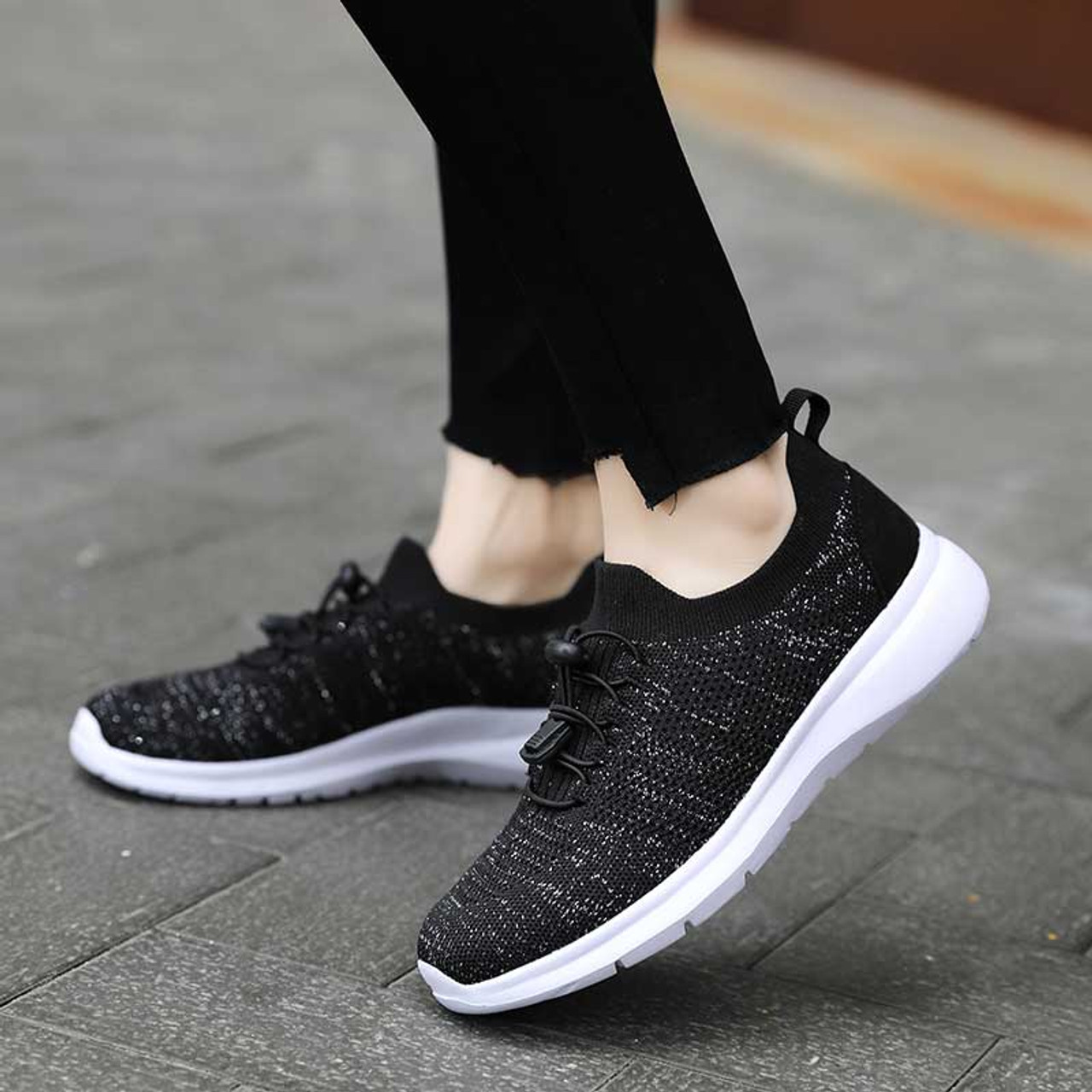 Black flyknit stripe texture sock like entry shoe sneaker | Womens ...