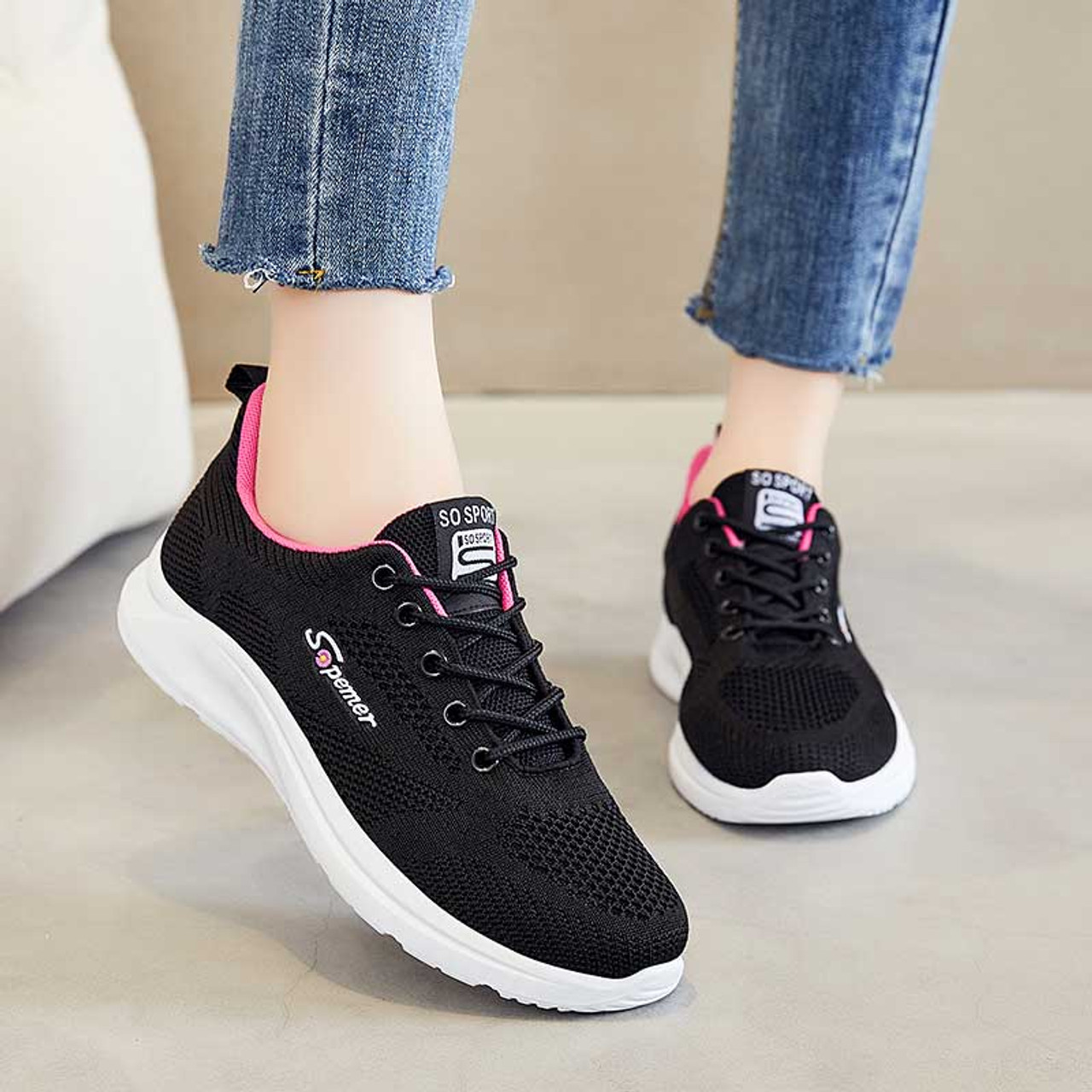 Black flyknit logo pattern casual shoe sneaker | Womens trainers shoes ...