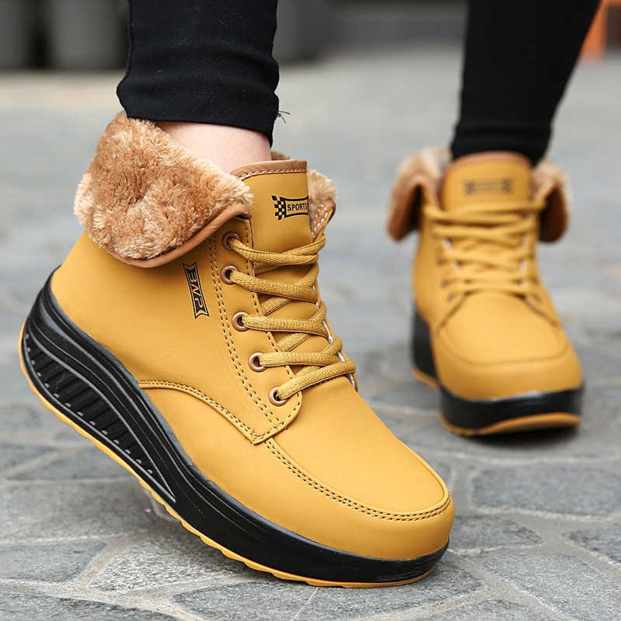 Yellow logo pattern winter rocker bottom shoe sneaker boot