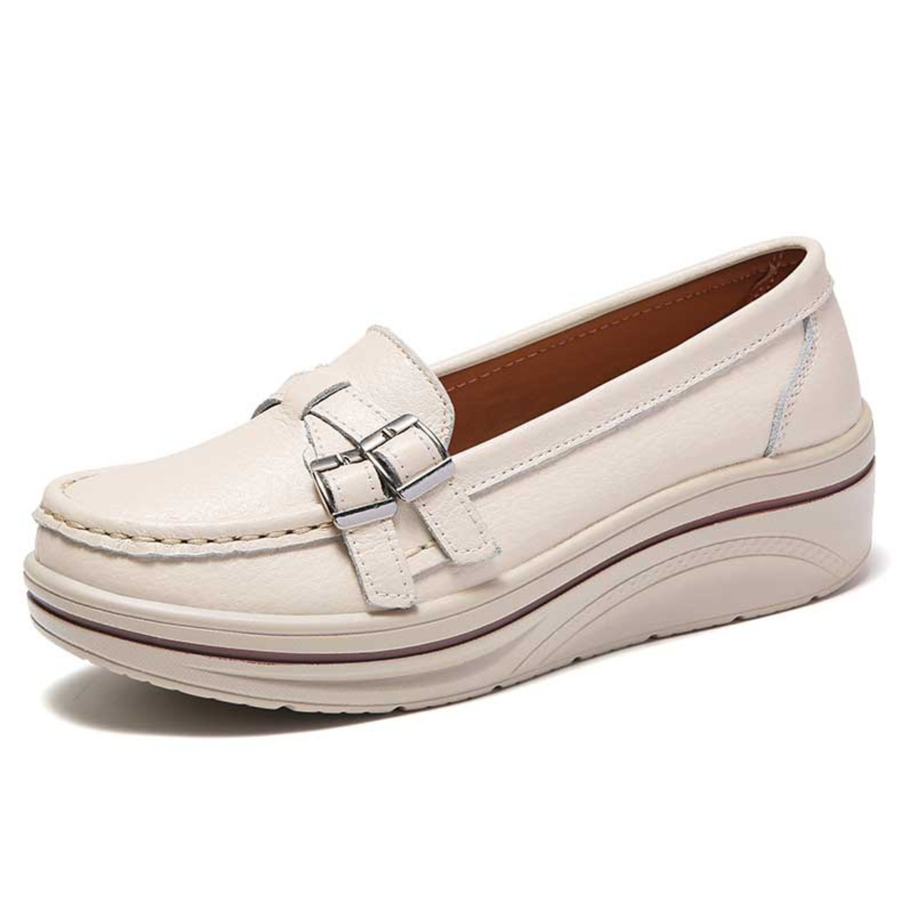 Beige cross buckle strap slip on rocker bottom sneaker | Womens rocker ...