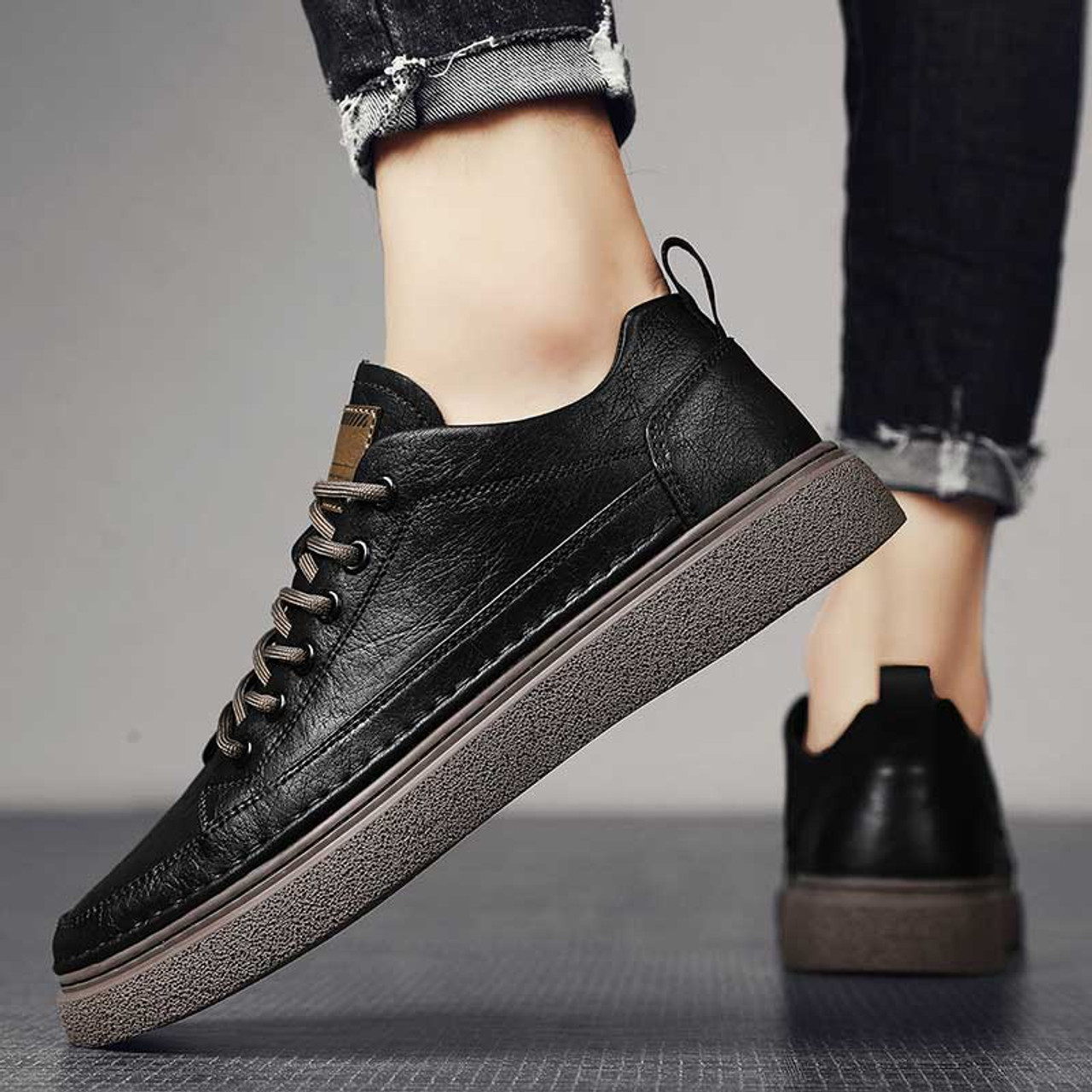 Black label pattern sewn accents casual lace up shoe sneaker | Mens ...