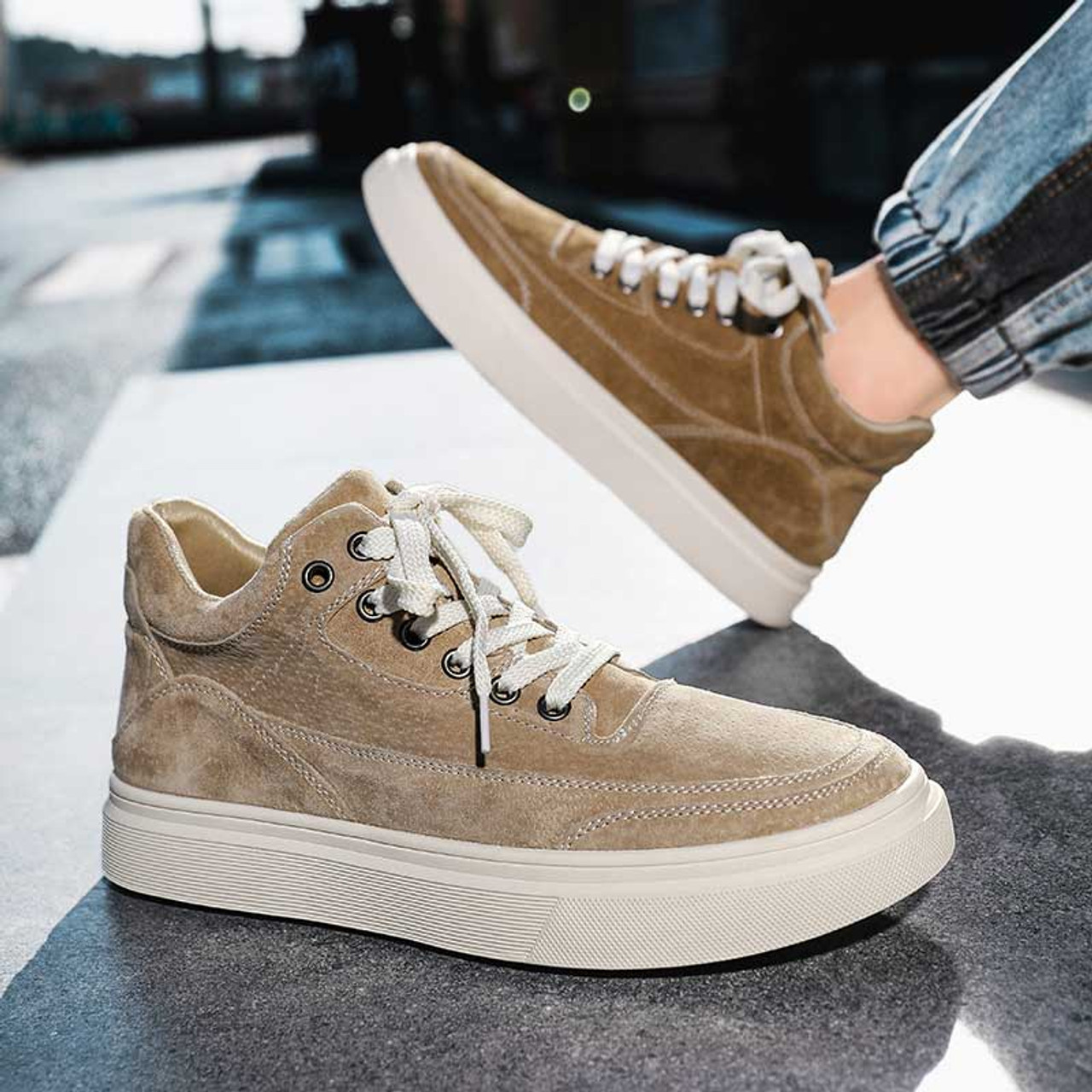 Brown suede lathe line accents casual lace up shoe sneaker | Mens ...