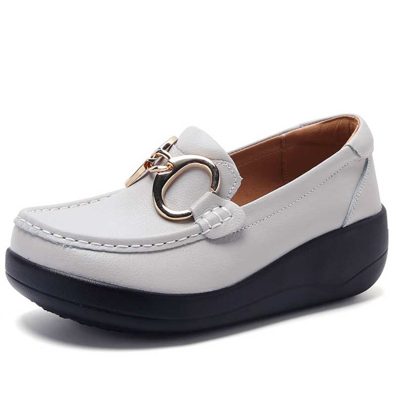 Grey top metal buckle slip on rocker bottom shoe