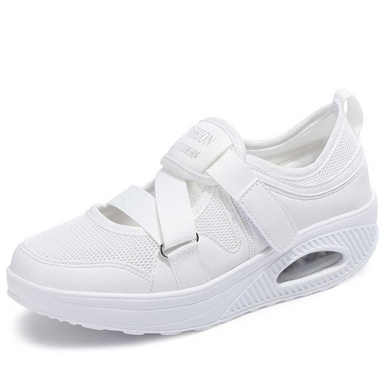 White velcro strap low cut slip on rocker bottom sneaker