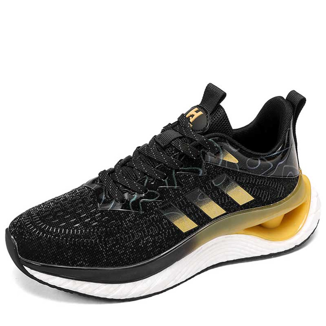 Black yellow stripe logo pattern sport shoe sneaker | Mens sneakers trainers online 2520MS