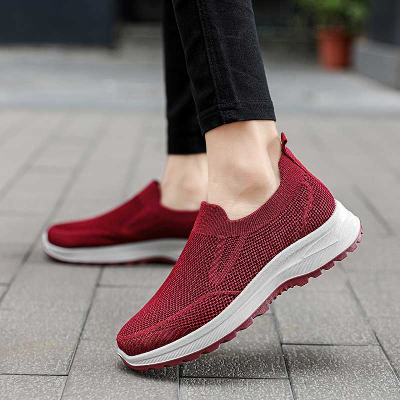 Womens red slip on on sale sneakers