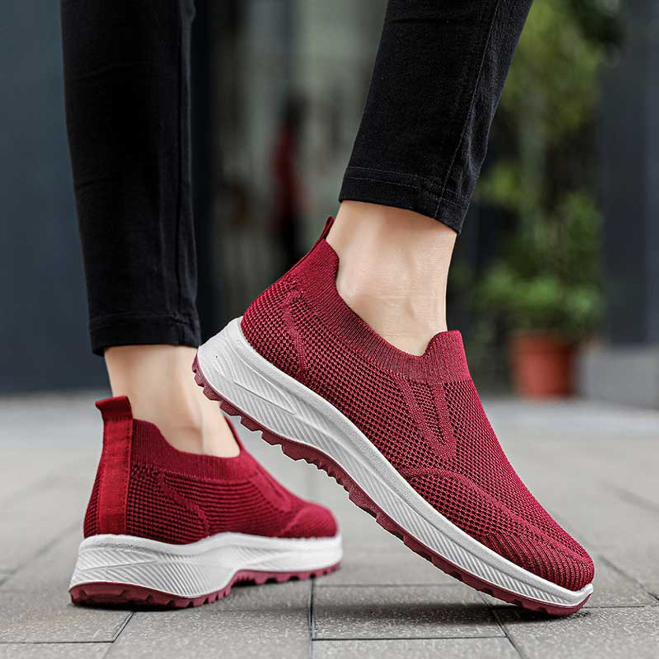 Womens red slip on on sale sneakers