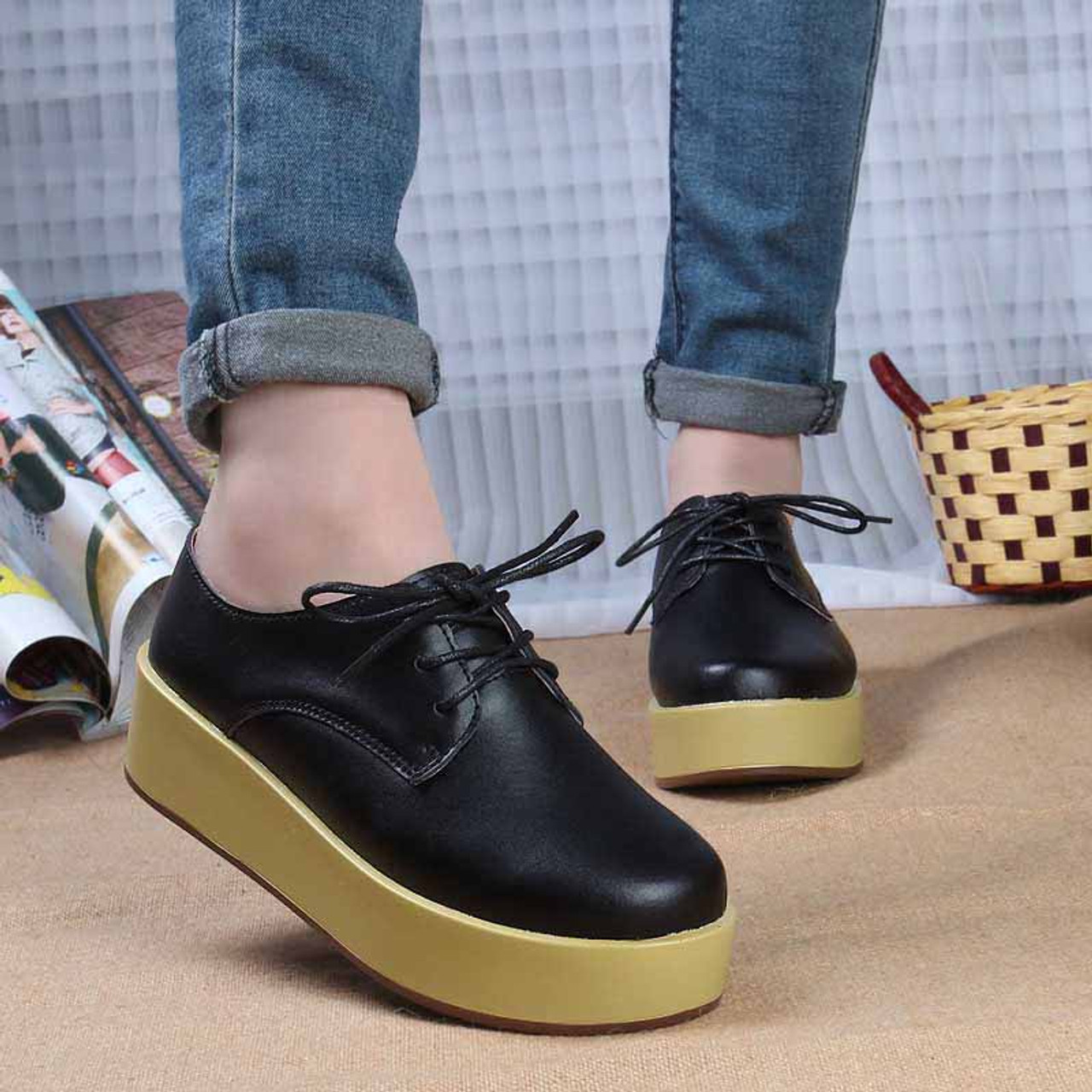 Black leather sewing thread lace up platform shoe | Free Shipping ...