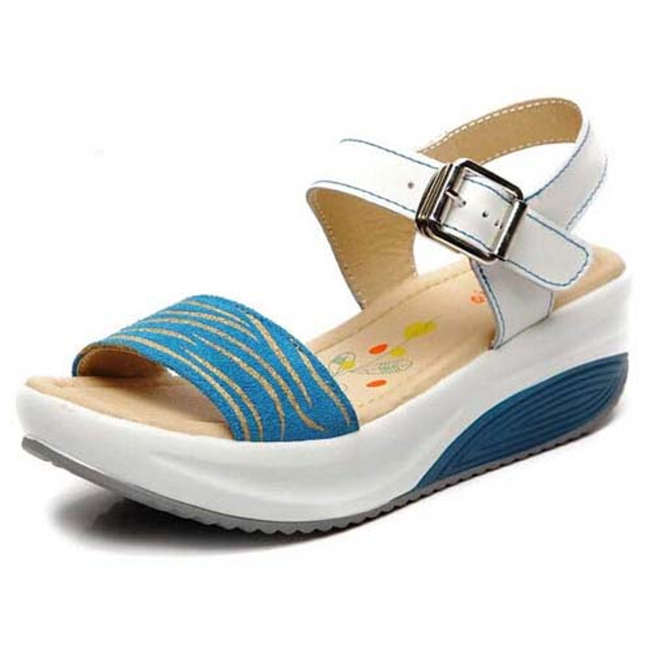Blue pattern design buckle leather rocker bottom sandal Womens shoes