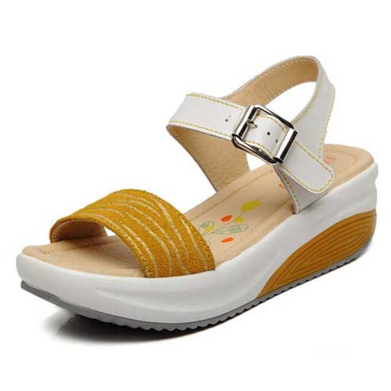 Yellow pattern design buckle leather rocker bottom sandal Womens