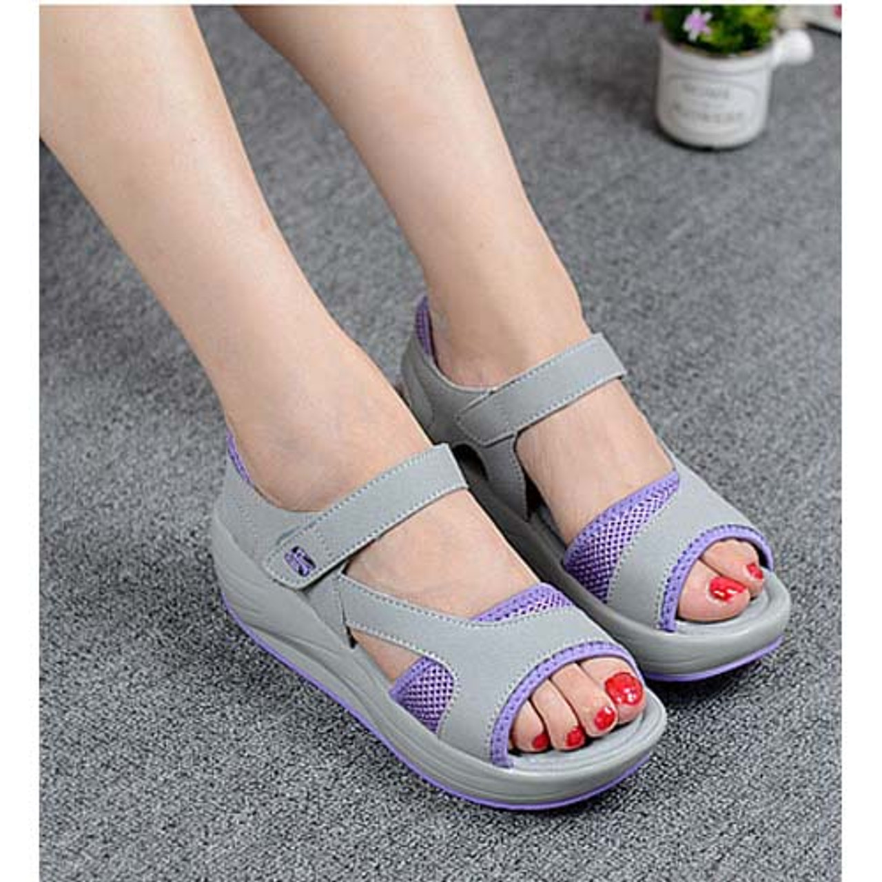 Purple leather velcro fastening rocker bottom shoe sandal | Womens ...