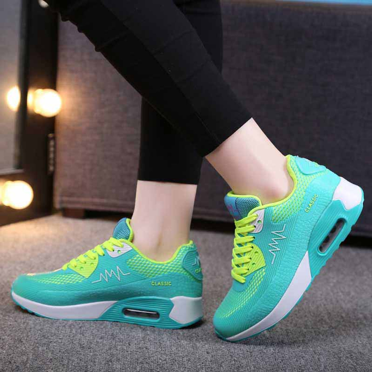 Green pattern print air sole sport shoe sneaker | Womens sneakers ...