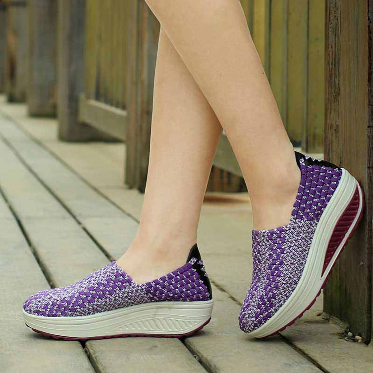 Purple weave check slip on rocker bottom shoe sneaker | Womens rocker ...