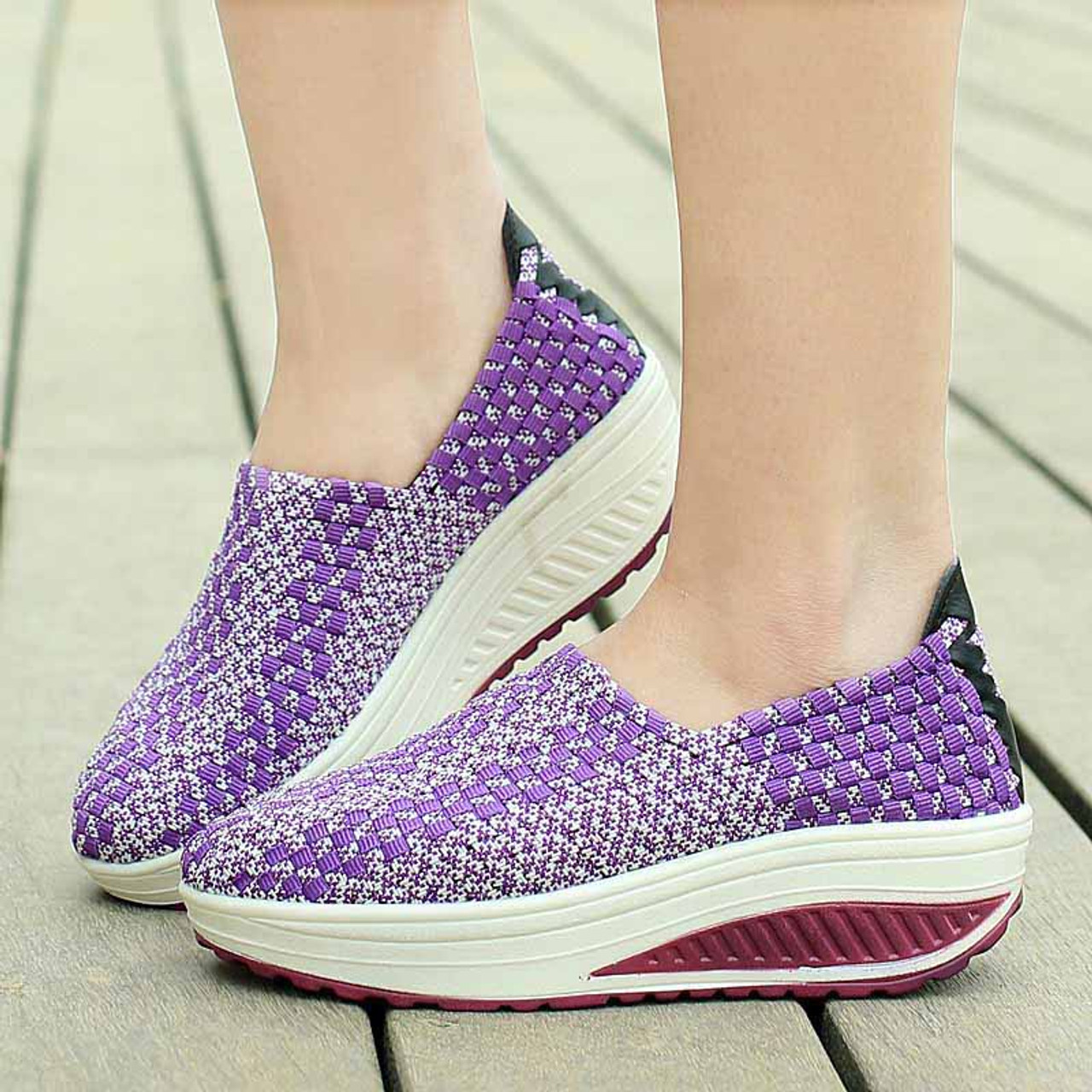 Purple weave check slip on rocker bottom shoe sneaker | Womens rocker ...