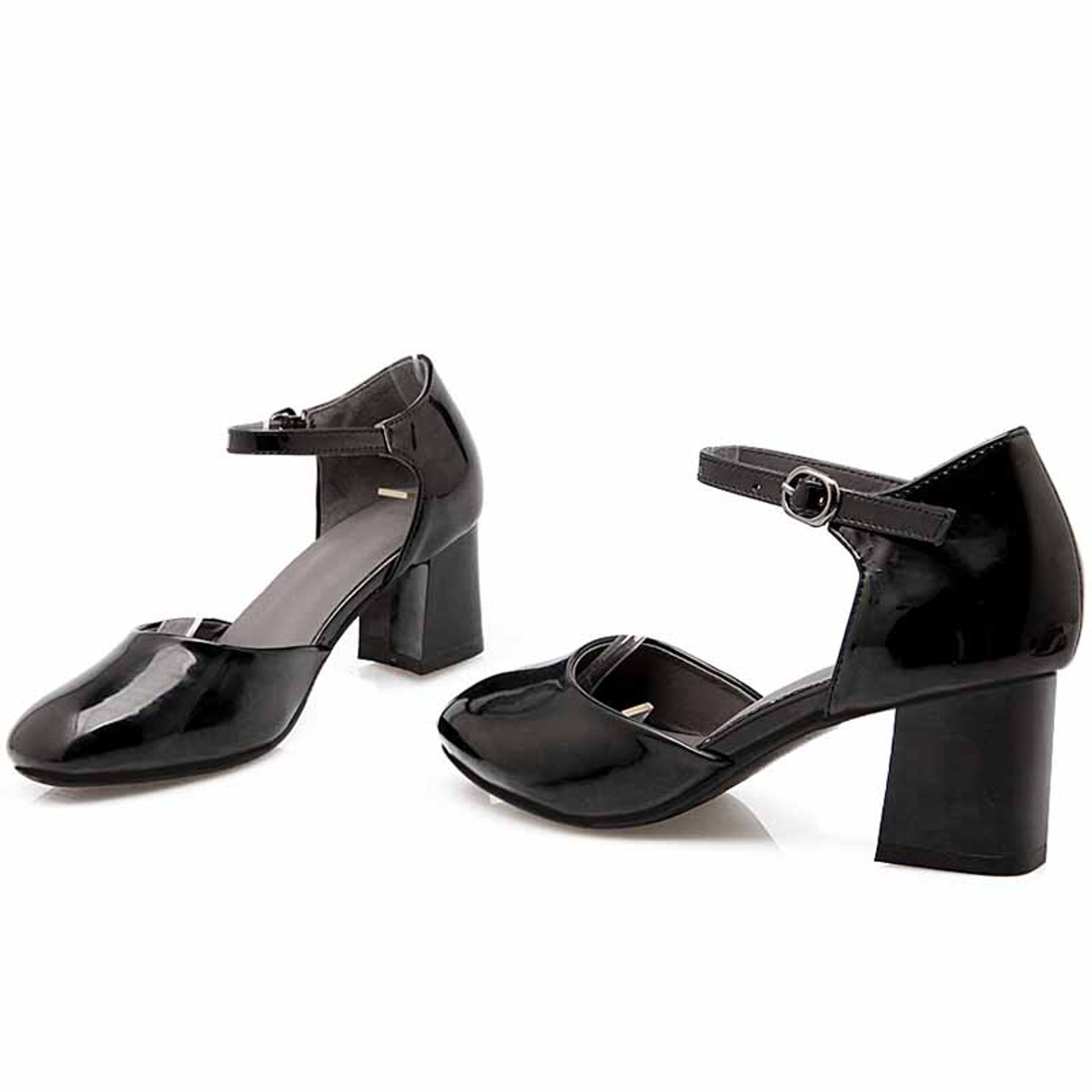 Black buckle strap leather chunky heel shoe sandal | Womens heel ...