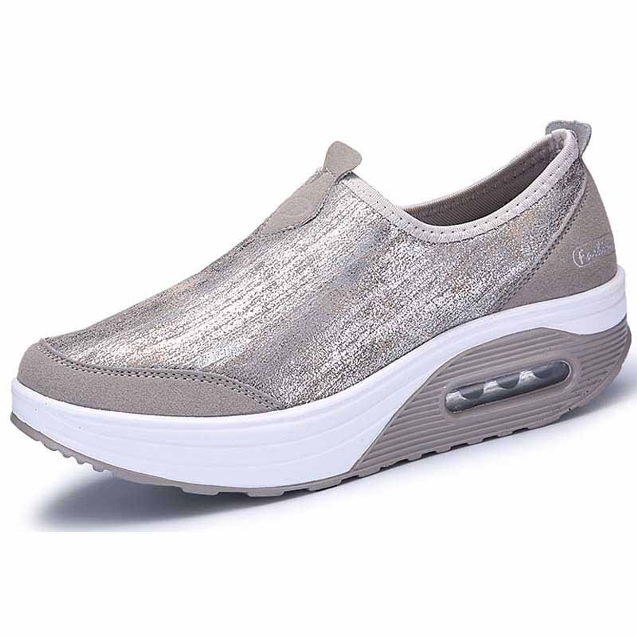 Grey leather slip on rocker bottom shoe 