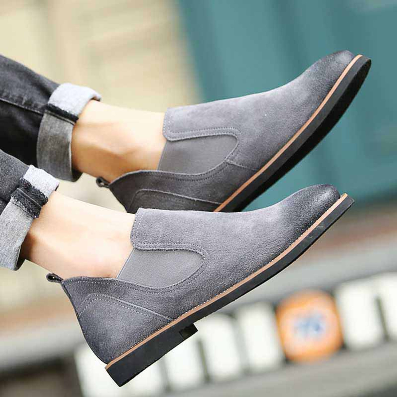 Dark grey retro leather urban slip on dress shoe | Mens dress shoes ...