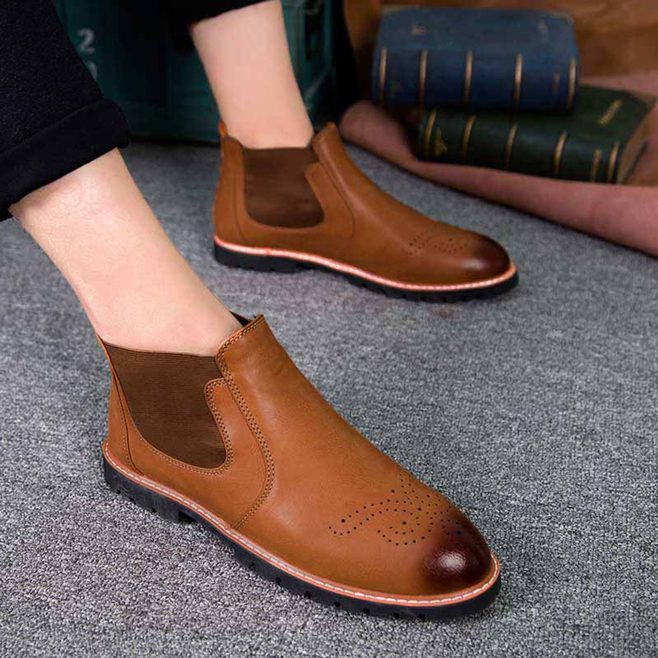 Brown leather Brogue slip on dress shoe boot | Mens dress shoes online ...