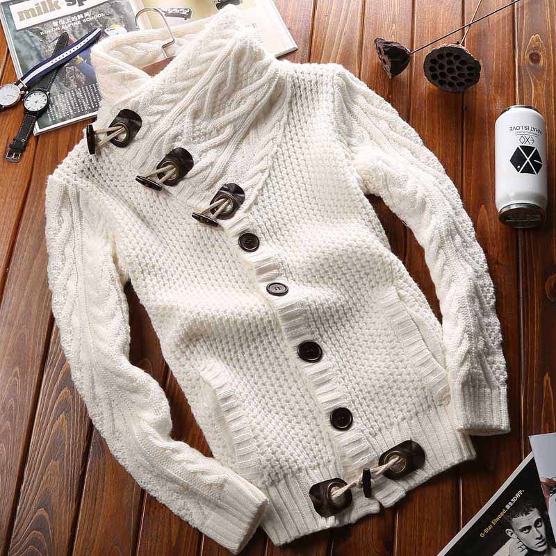White high neck texture button long sleeve knit sweater Mens sweaters