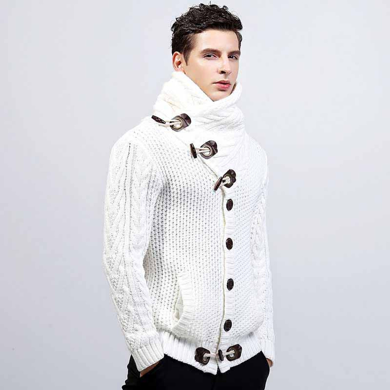 White high neck texture button long sleeve knit sweater Mens