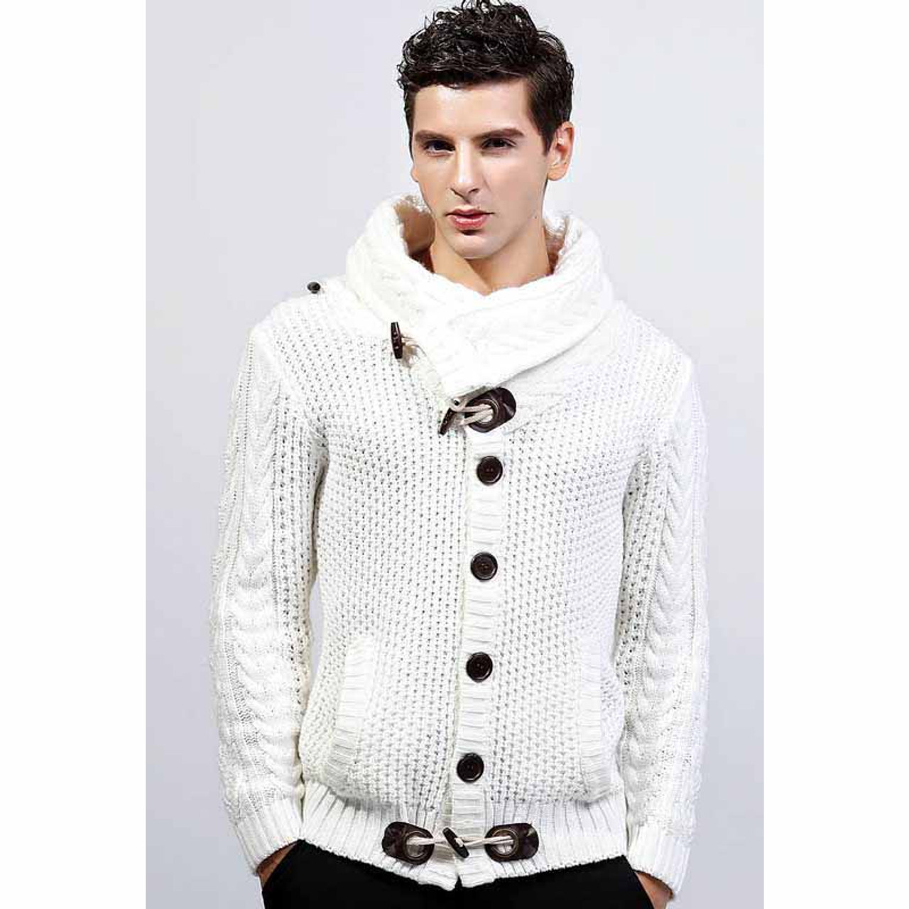 White high neck texture button long sleeve knit sweater | Mens sweaters ...