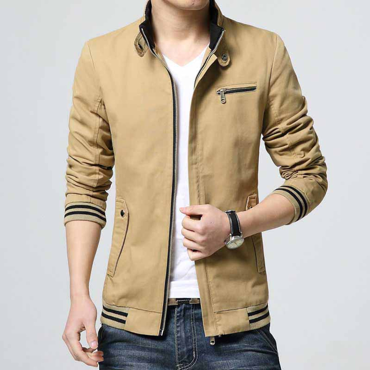 Khaki Brown Stripe Chest Pocket Zip Jacket Mens Jackets Online