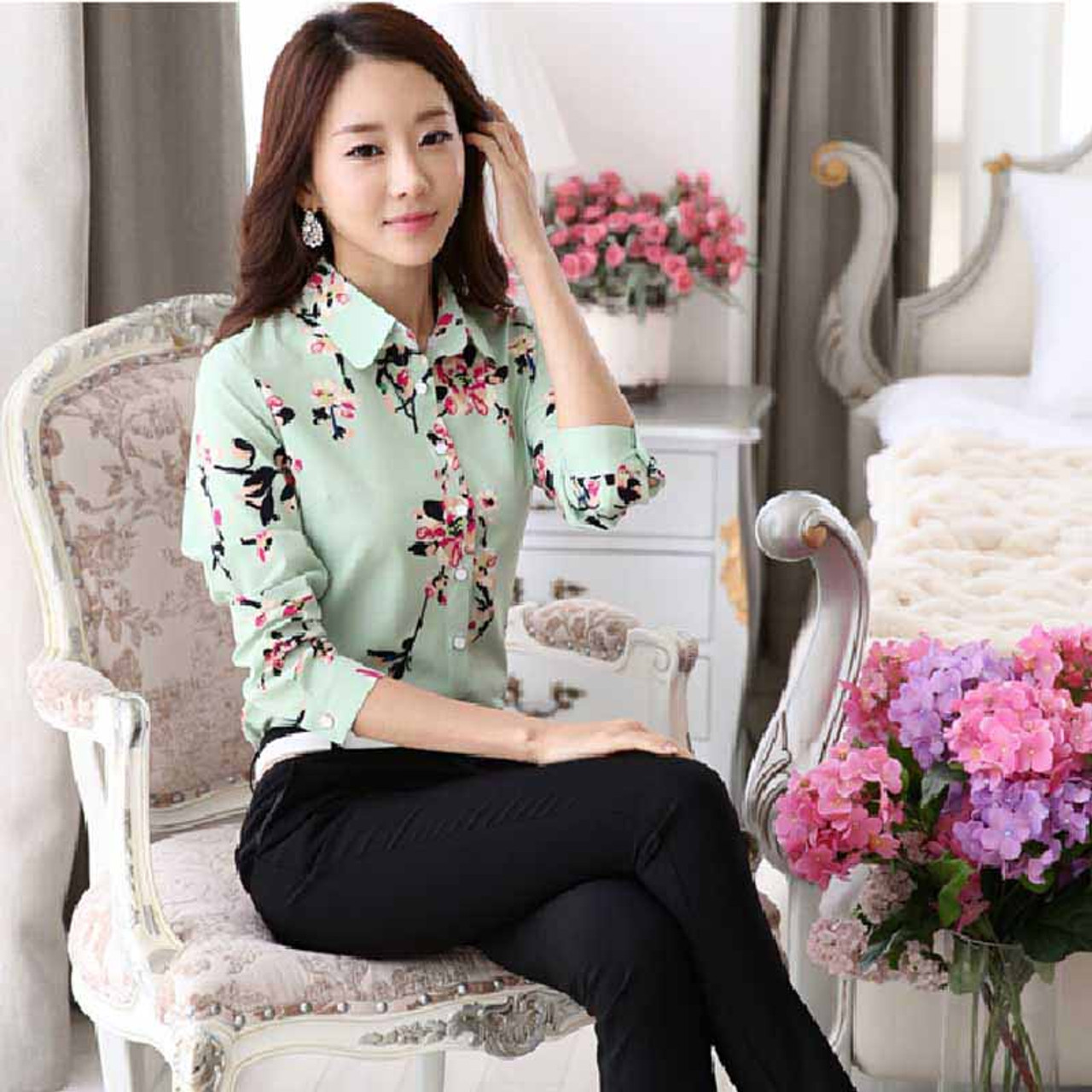 Green floral pattern print long sleeve button shirt